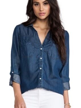 Soft Joie Brady Indigo Chambray Button Down Shirt Oversized Medium